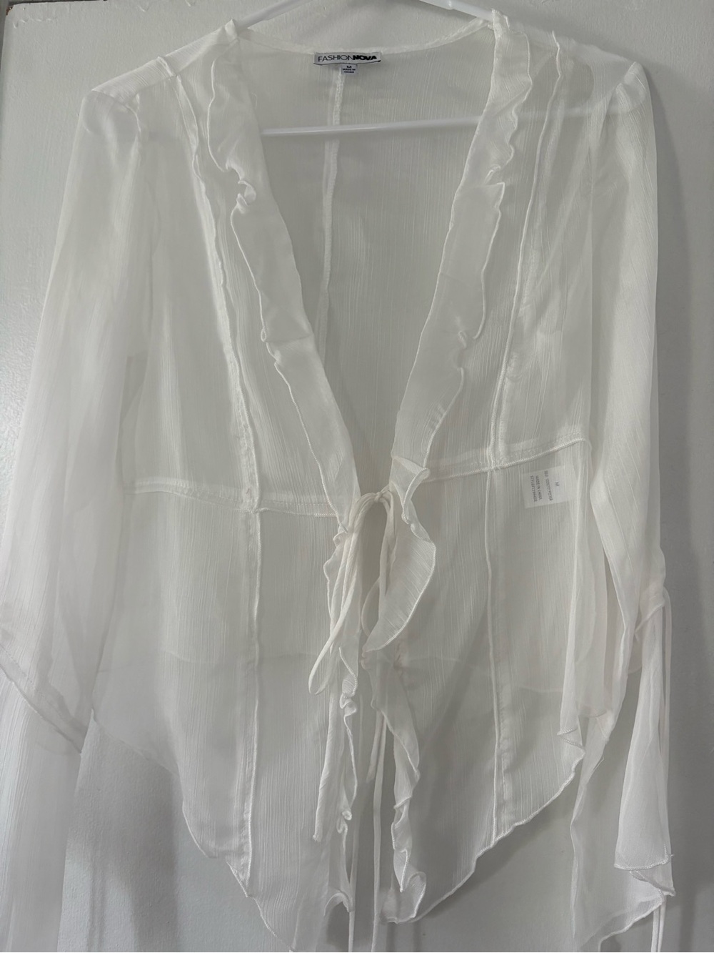 Fashion Nova Sheer White Ruffle Tie-Front Top